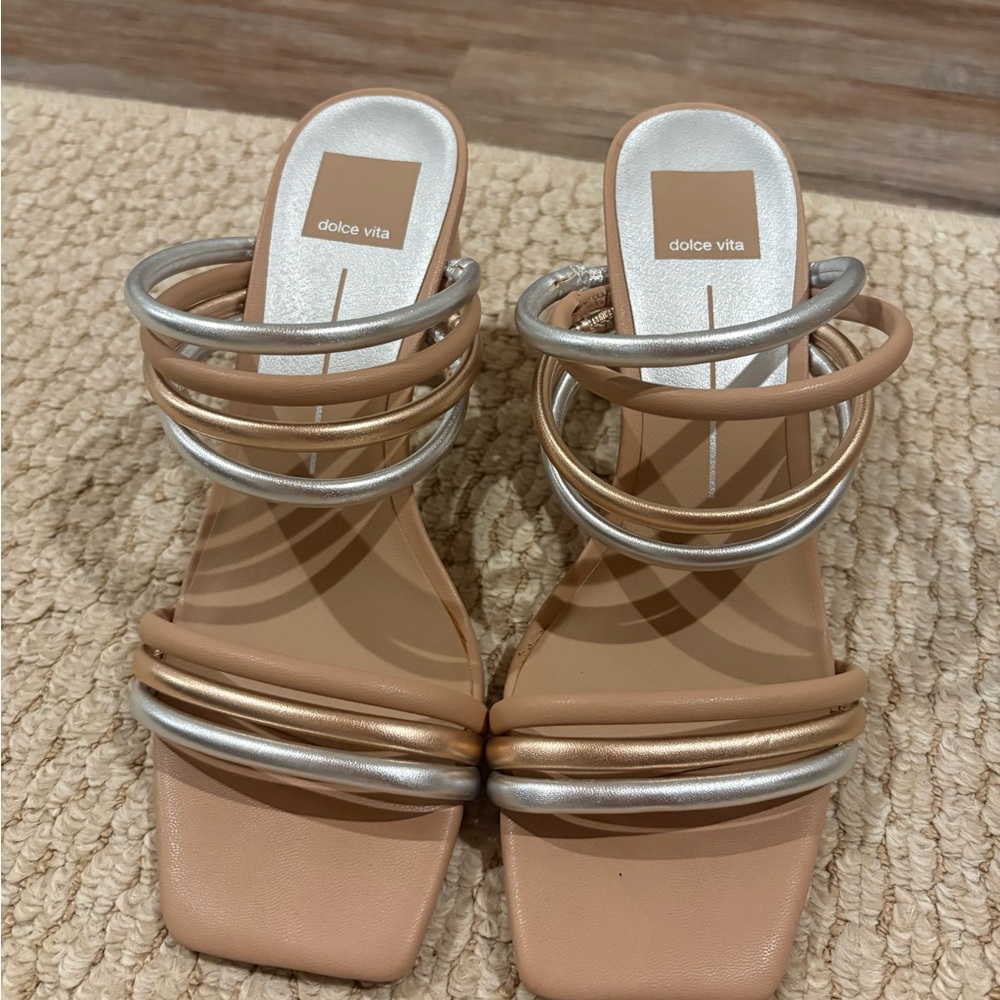 Dolce Vita Tan, Gold and Silver Strappy Heels